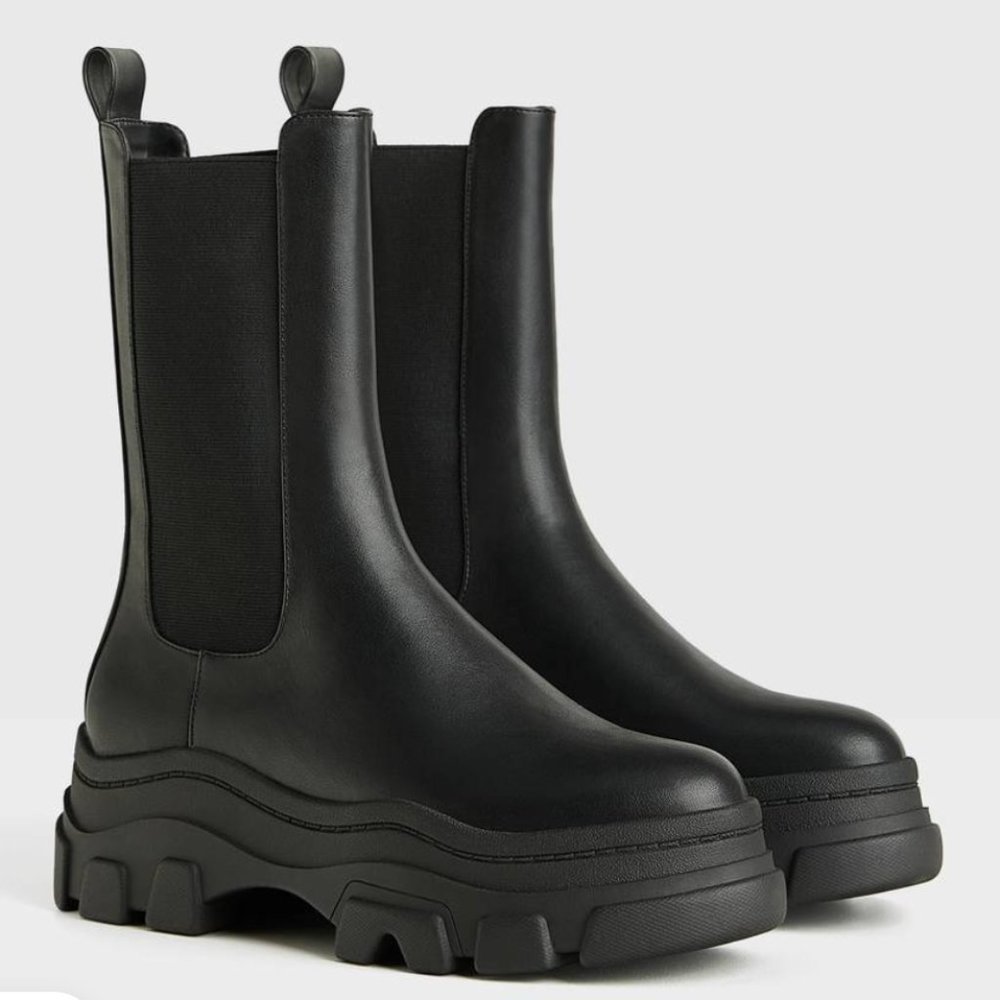 Black Stretch Platform Ankle Boots with Track Sole